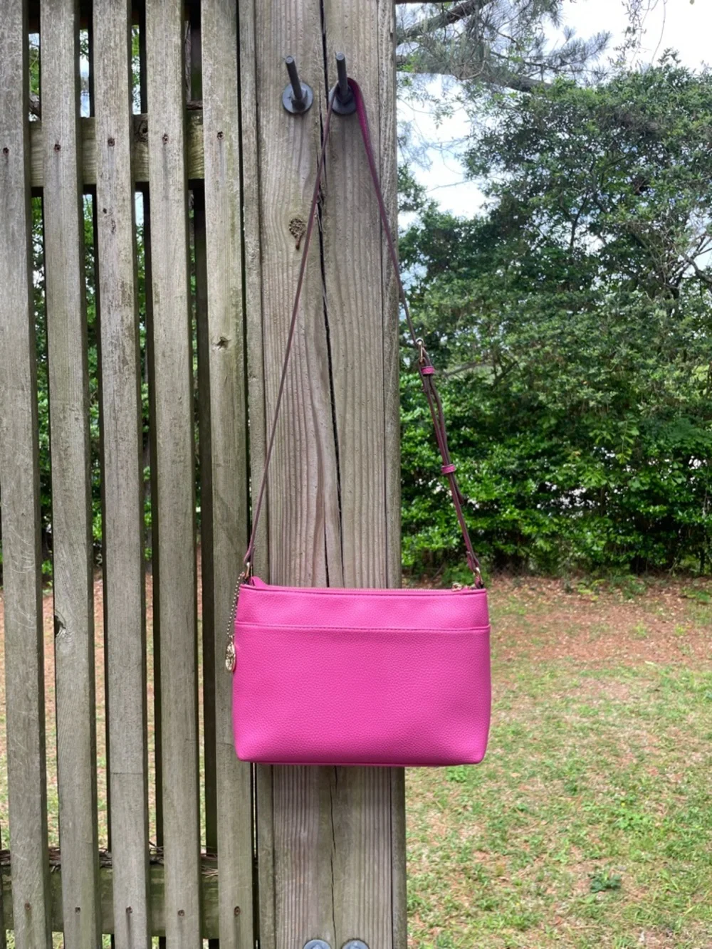 Anne Klein Hot Pink Pebbled Leather Crossbody with Gold-Tone Logo - Picture 2 of 12